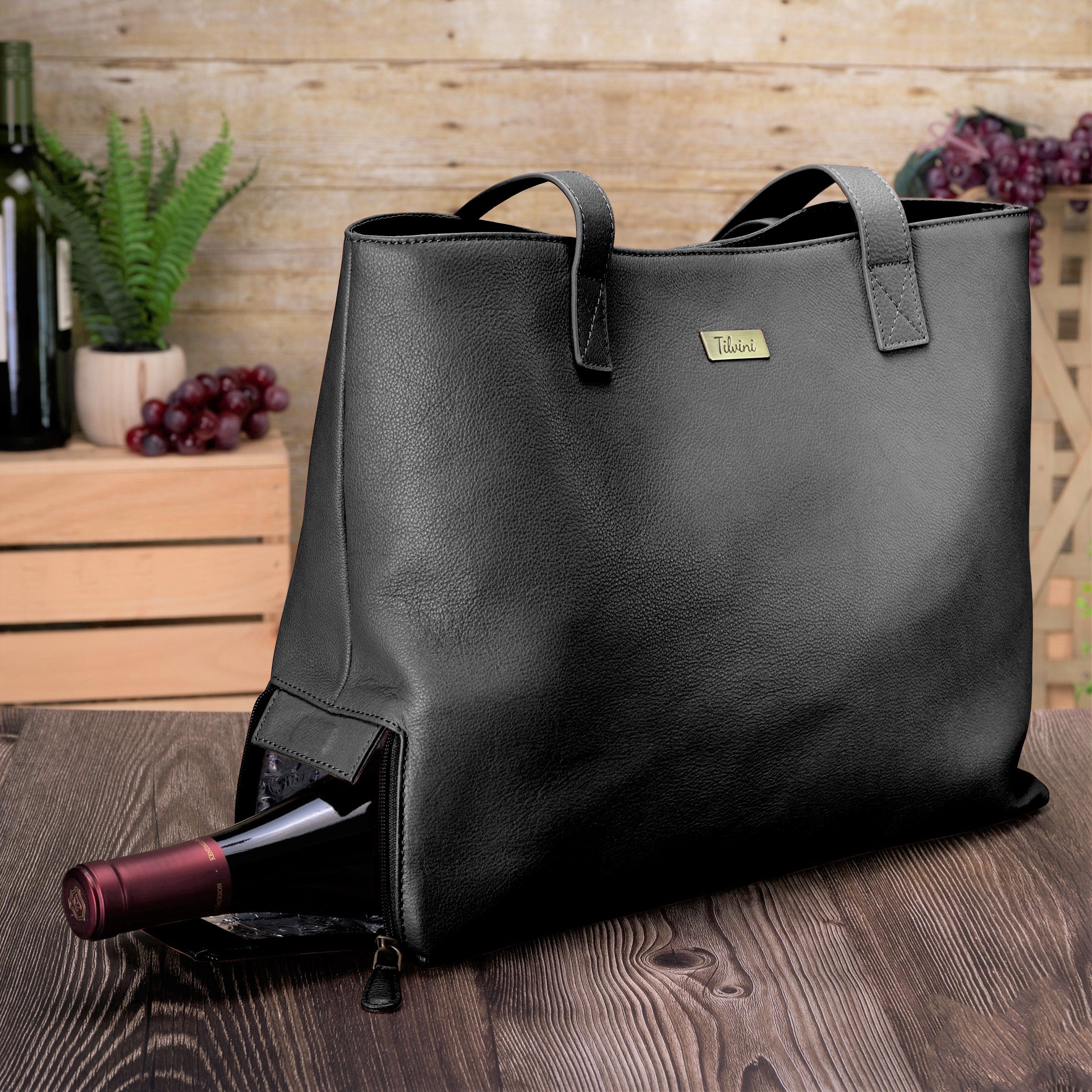 tilvini Genuine Leather Wine-Tote Bag With Insulated Wine Bottle  Compartment. Wine-Gift-For-Women. Wine Purse Cooler Bag For Travel, Picnic  Bag Beach